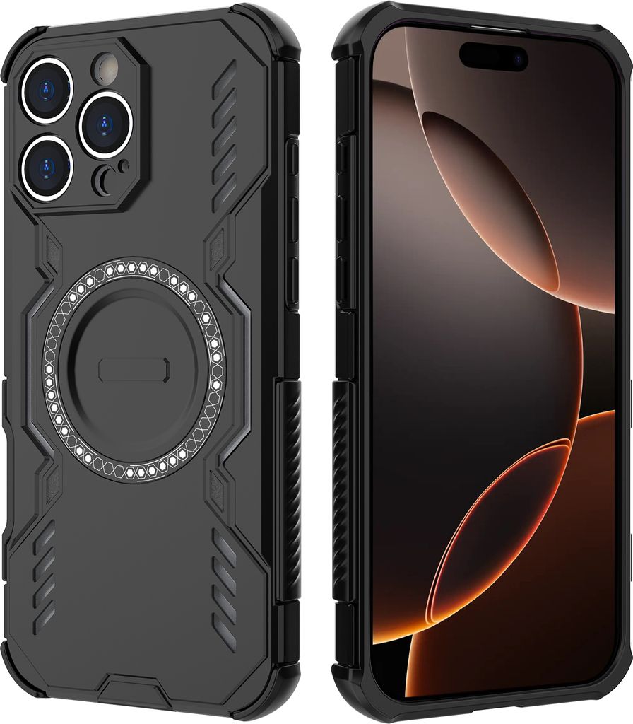 Magnetisch Hülle für iPhone 16 Pro Max, Hybrid PC TPU Bumper Stoßfestes Loch Wärmeableitung Handyhülle Schwarz