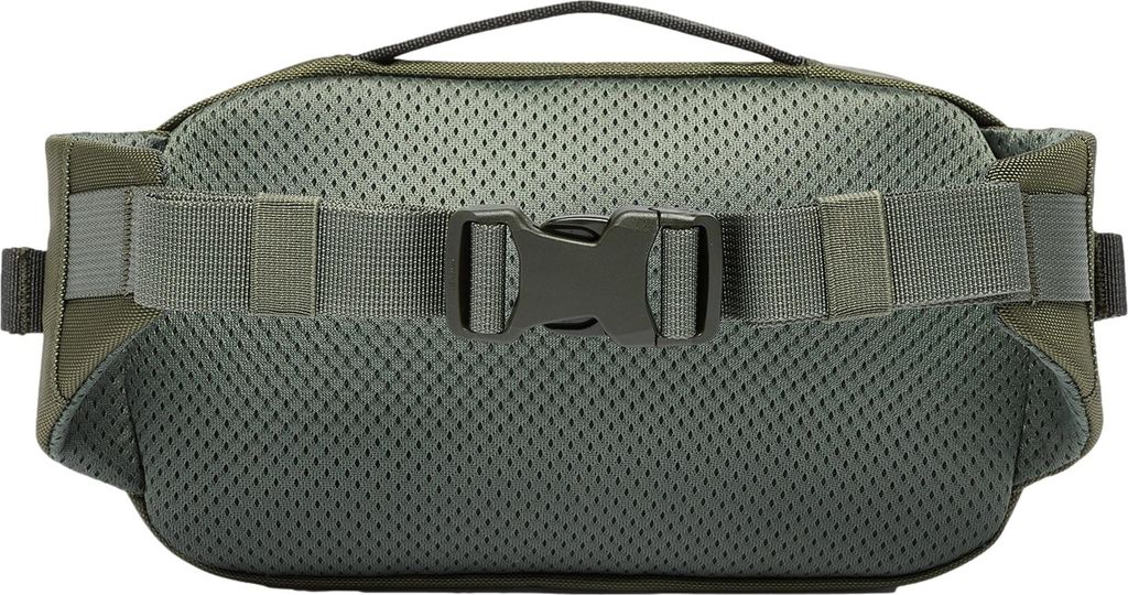 The back of a green fanny pack with a mesh panel and a buckle closure.