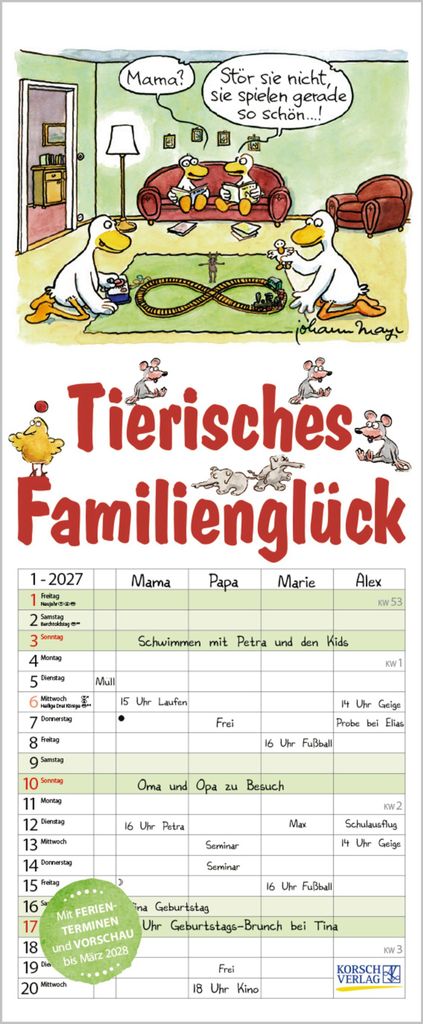 Korsch Familienplaner Tierisches Familienglück 2027, 19x46 cm, 4 Spalten, Johann Mayr