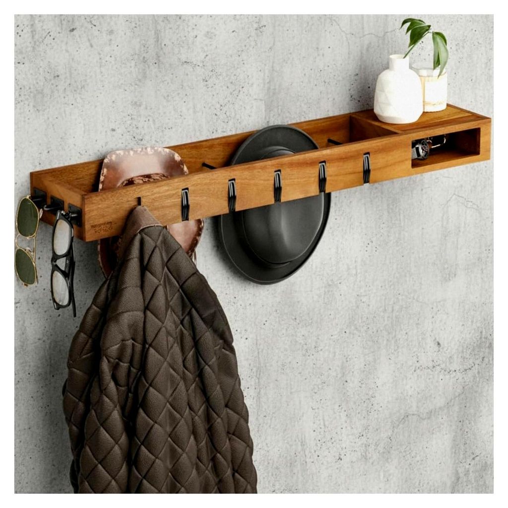 Wandgarderobe aus Holz – 4in1 Garderobe mit Ablage, Kleiderstangen, Kleiderhaken und Brillenhalter – 100 cm Garderobenpaneel für Flur, Diele u...