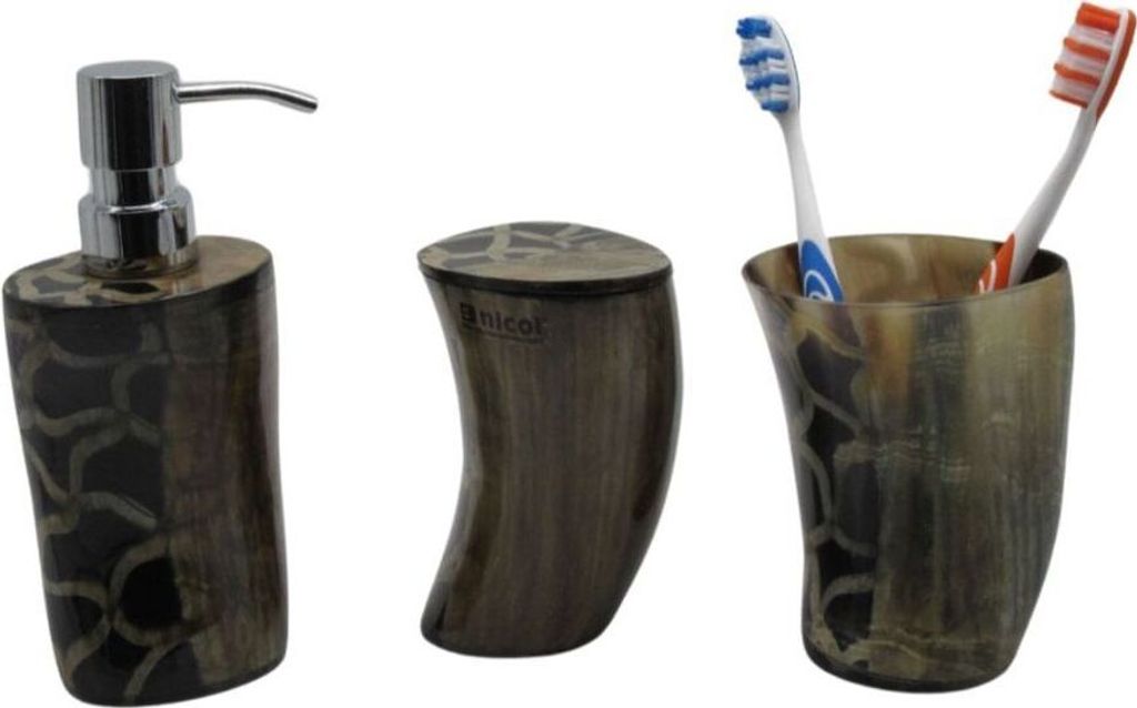 3tlg Set Bad Accessoires Seifenspender Zahnbürstenhalter Dose natürliches Horn Handarbeit Elena
