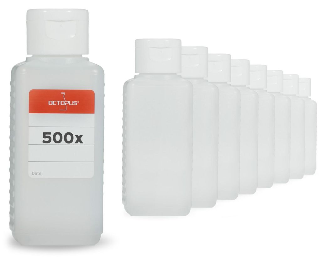 500 Plastikflaschen 100 ml vierkant G25 mit weißen Klappverschlüssen