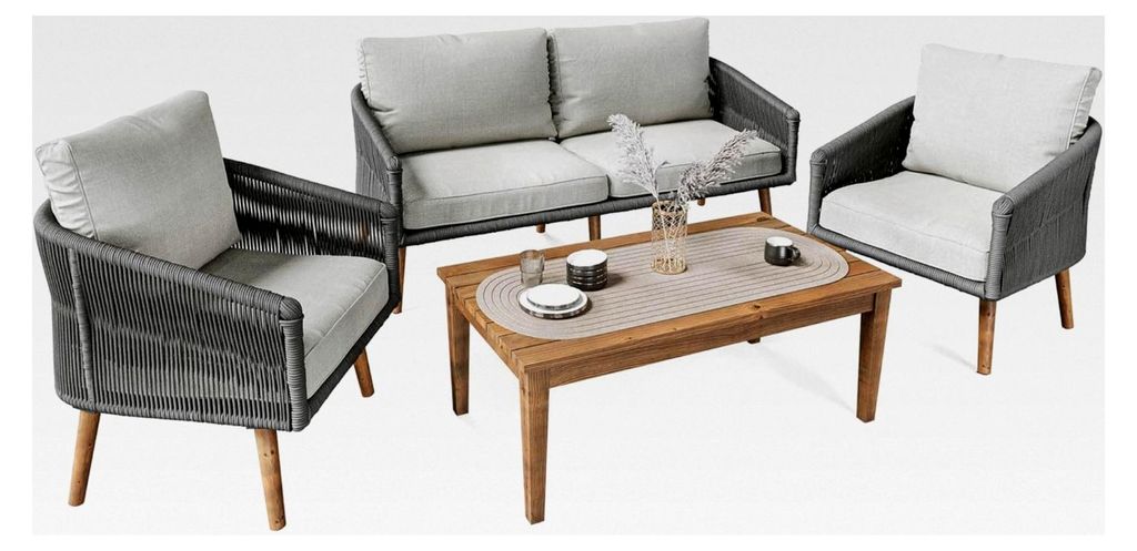 Sitzgruppe Matera - Seilgeflochtene Lounge-Set für Garten, Balkon und Terrasse mit Sofa, 2 Sesseln und Tisch aus Akazienholz