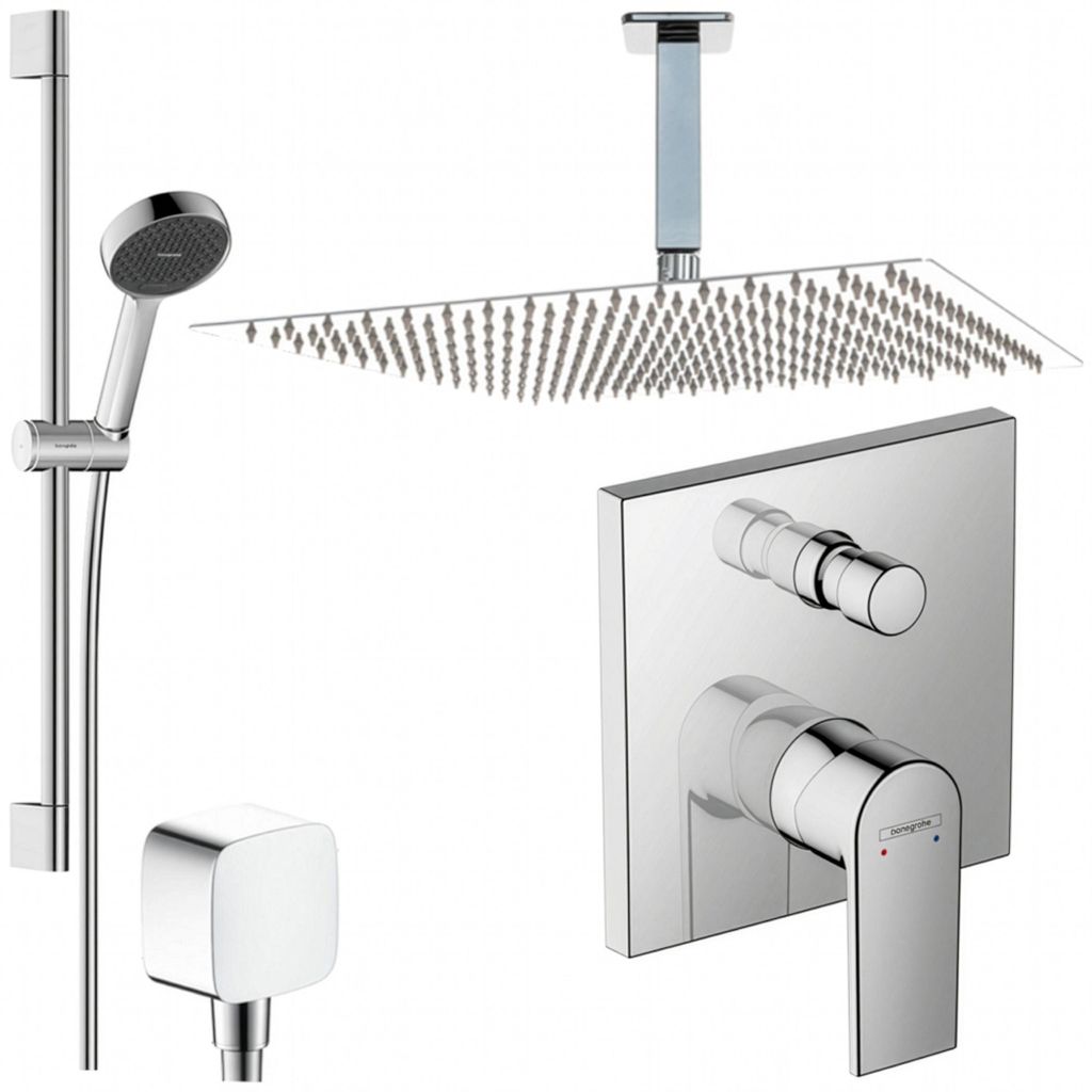 Hansgrohe und Jowi Unterputz Duschsystem, 650mm Brausestange, 360x360mm Kopfbrause, Vernis Shape Duscharmatur, Deckenanschluss, OHNE iBox