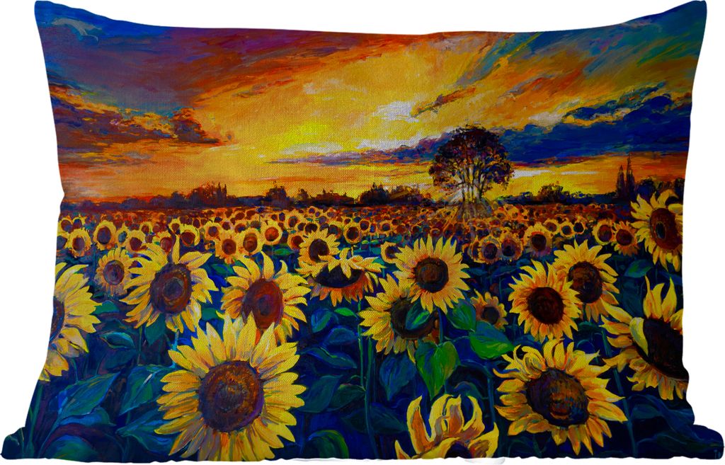 MuchoWow Outdoor Kissen - Gemälde - Ölfarbe - Blumen - Sonnenblume - 50x30 cm - Wetterfest - Lounge Kissen - Sofa kissen - Wohnzimmer Dekoration