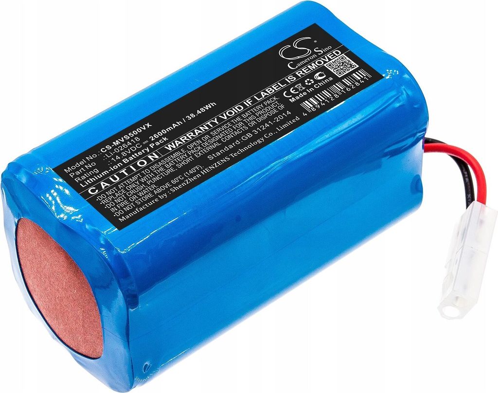 A blue lithium-ion battery pack with a black label containing product information and warnings.