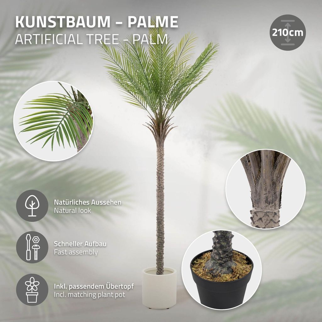 ML-Design Künstliche Palme 210 cm, Tropische Kunstpalme