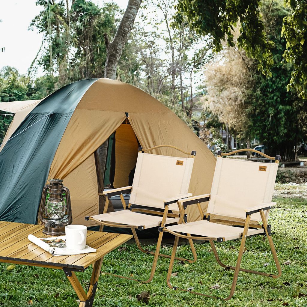 Campingstühle 2er Set klappbar bis 130 kg, Faltstuhl Strandstuhl Oxfordstoff Stahlrahmen Holzoptik, Khaki | 54x59x78 cm | 2x 2,7 kg | Tragegriff