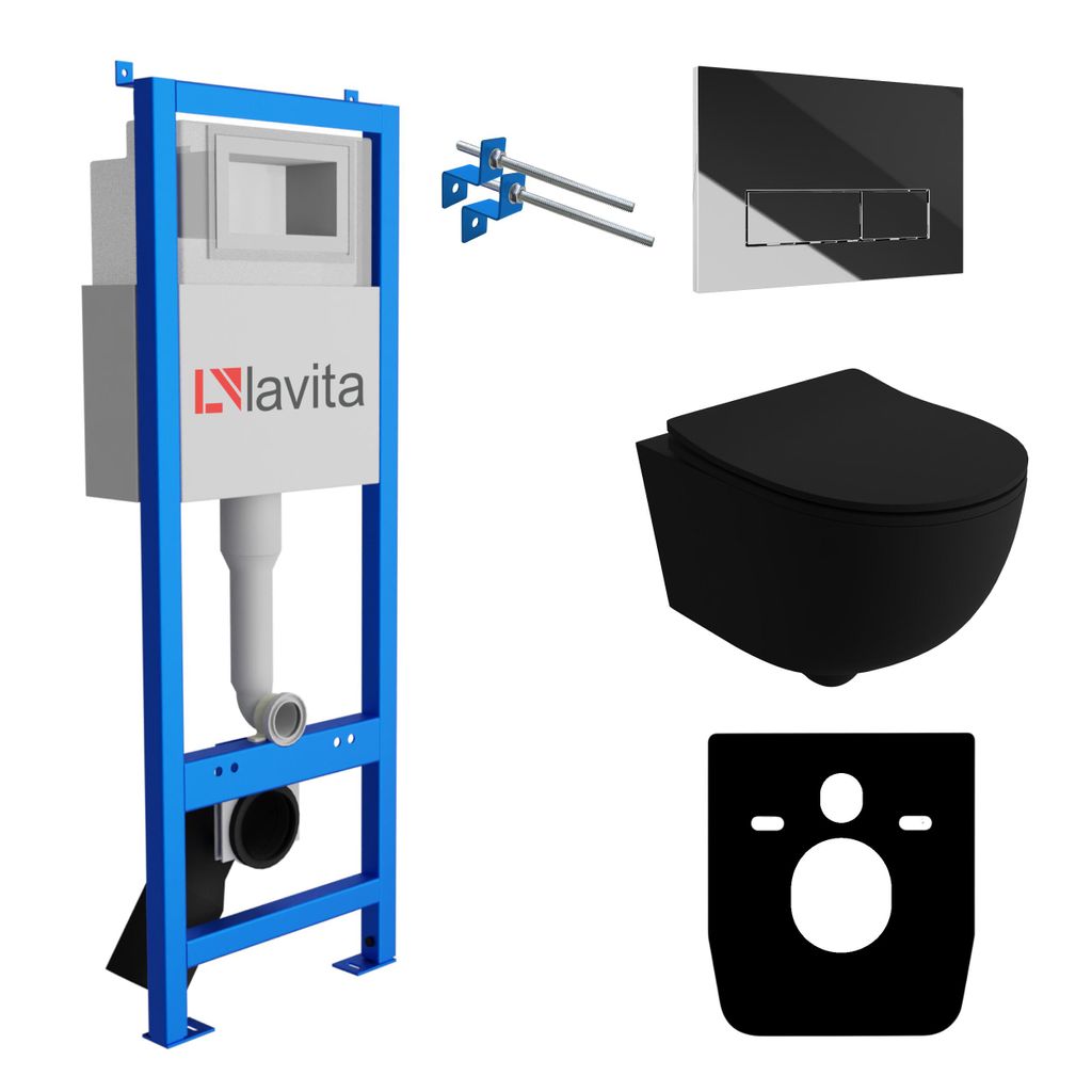 Lavita LAV 101 Vorwandelement für WC 40cm + Wand Hänge Tiefspül WC BRAVA Schwarz Spülrandlos + Bedienplatte LAV 200.3.2 Verchromt | Komplettset...