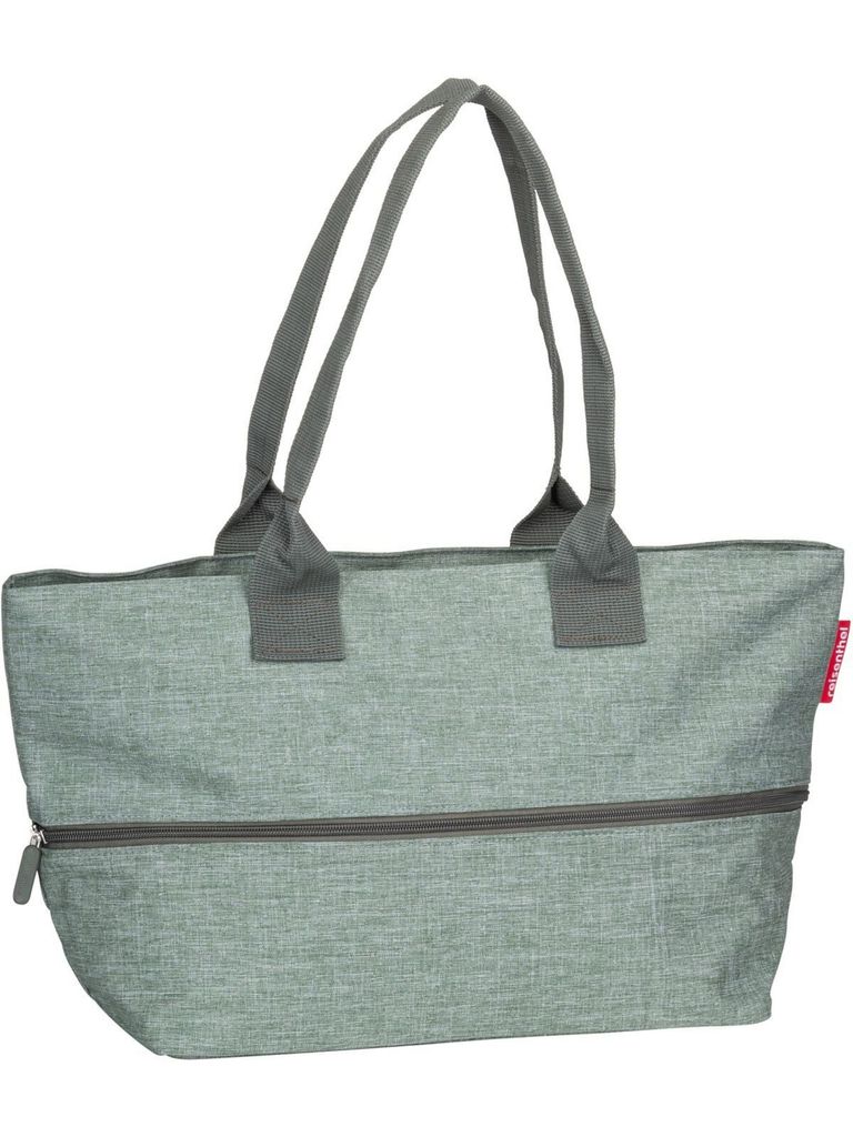 A studio shot of a green tote bag with gray handles and a zipper.