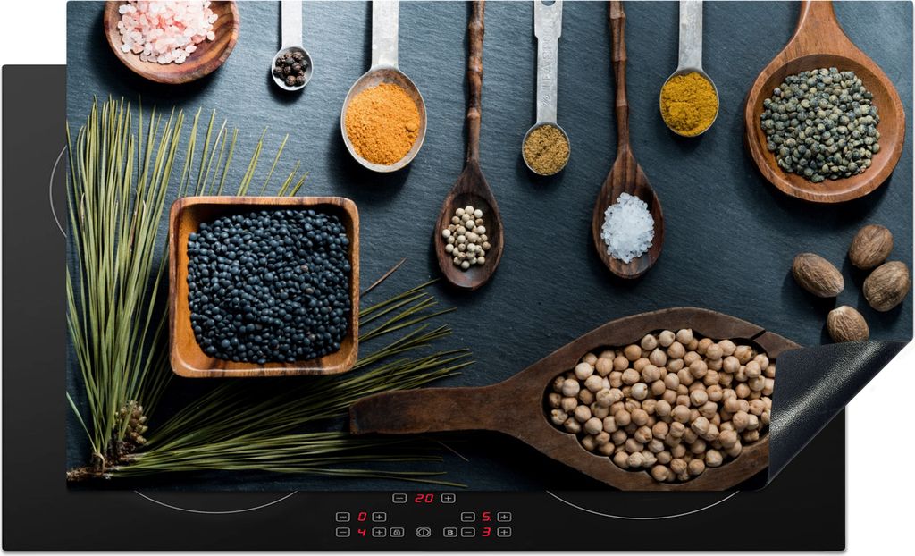 KitchenYeah Herdabdeckplatte Kräuter - Löffel - Gewürze - Küche , 90x52cm, Küche Deko, Glaskeramikfeld Herdabdeckung, Abdeckplatte fùr Koch...