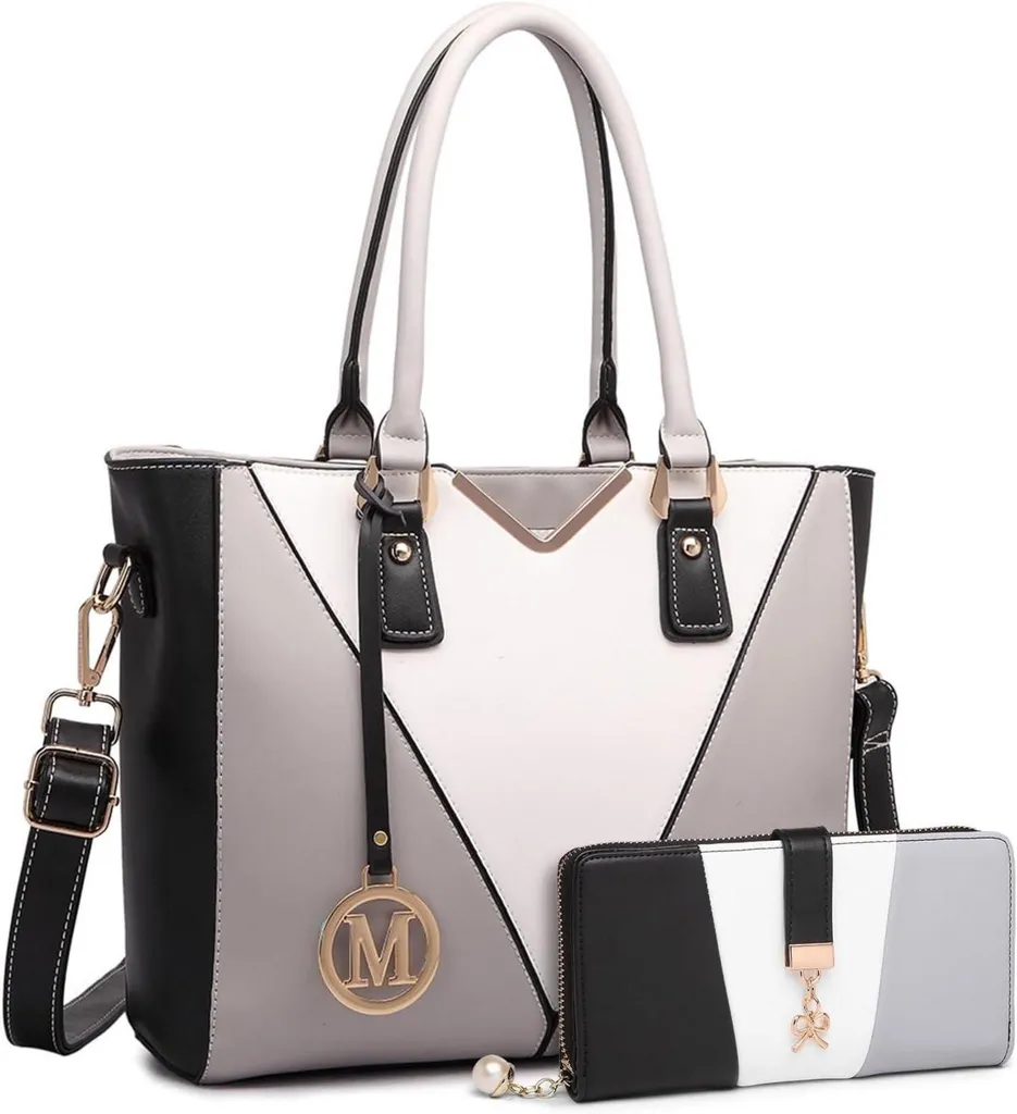 Miss Lulu Sac à main Femme Gris avec Motif en V Shopper Set de 2 Pièces