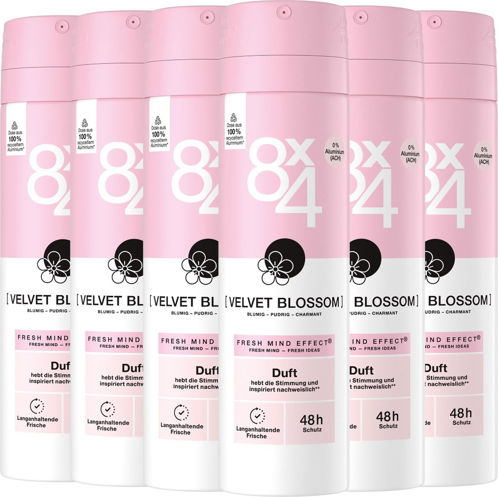 8x4 Deodorant VELVET BLOSSOM Fruchtig floral Duft Mandarine und Jasmin 6 x 150ml