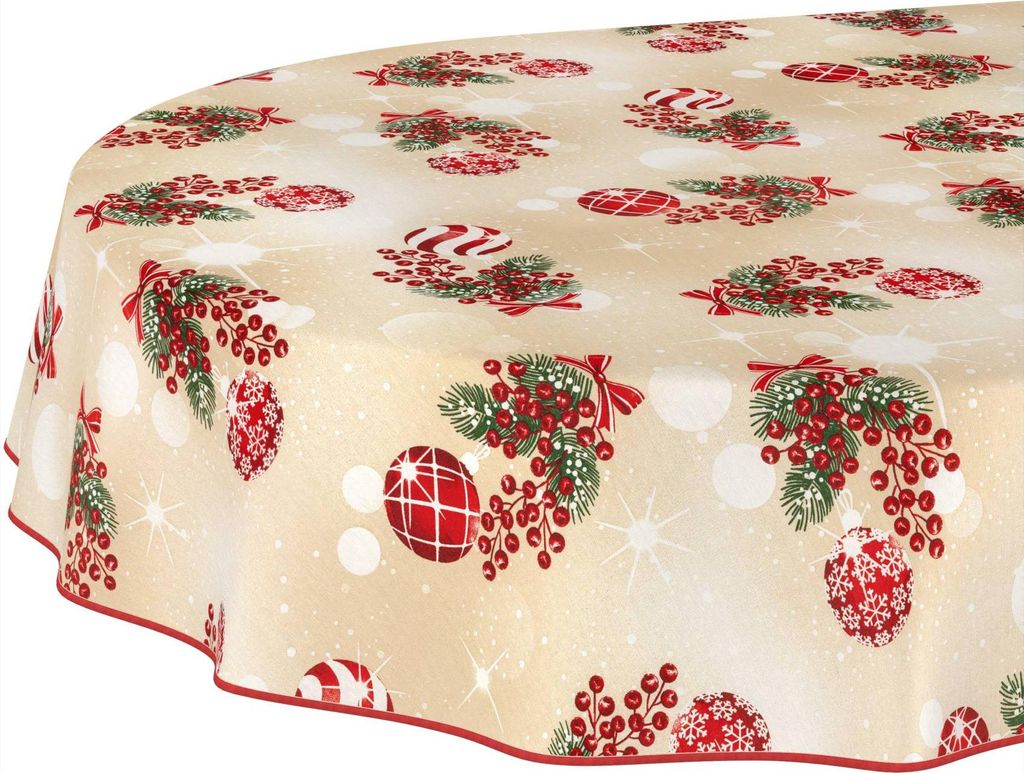 Tischdecke Weihnachten Weihnachtskugel Beige Oval 240x140cm Band Wasserabweisend abwaschbar