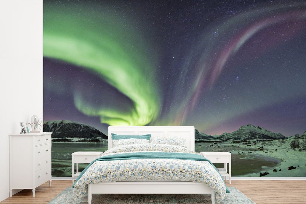 MuchoWow Fototapete für Wohnzimmer oder Schlafzimmer Wandtapete Vinyl Motivtapete Nordlichter - Eis - Lila - Grün - 525x350 cm - Das Hintergrun...