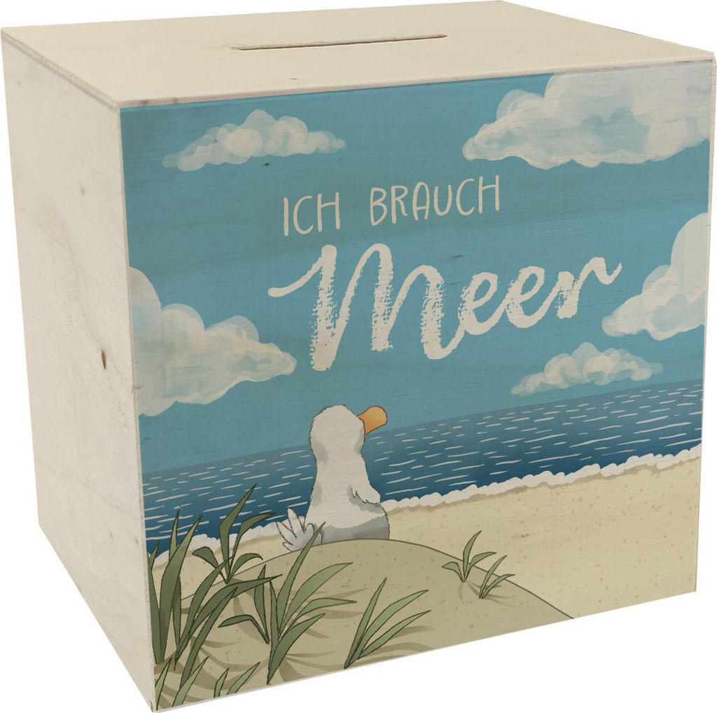 Möwe am Strand Spardose aus Holz mit Spruch Ich brauch Meer