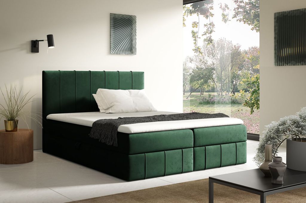 Kontinentales Bett 180x200 KORINA - Flaschengrün + GRATIS Matratzenauflage
