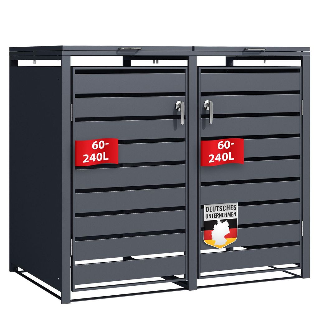 A two-compartment trash bin enclosure with red labels and a German flag emblem.
