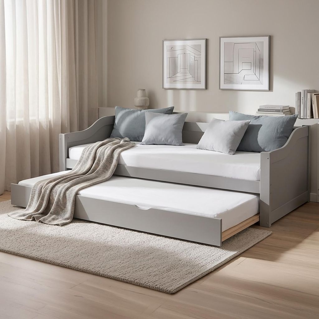Homestyle4u Tagesbett 90x200 Ausziehbett Grau mit Matratze Produktbild  KI-generiertes Bild