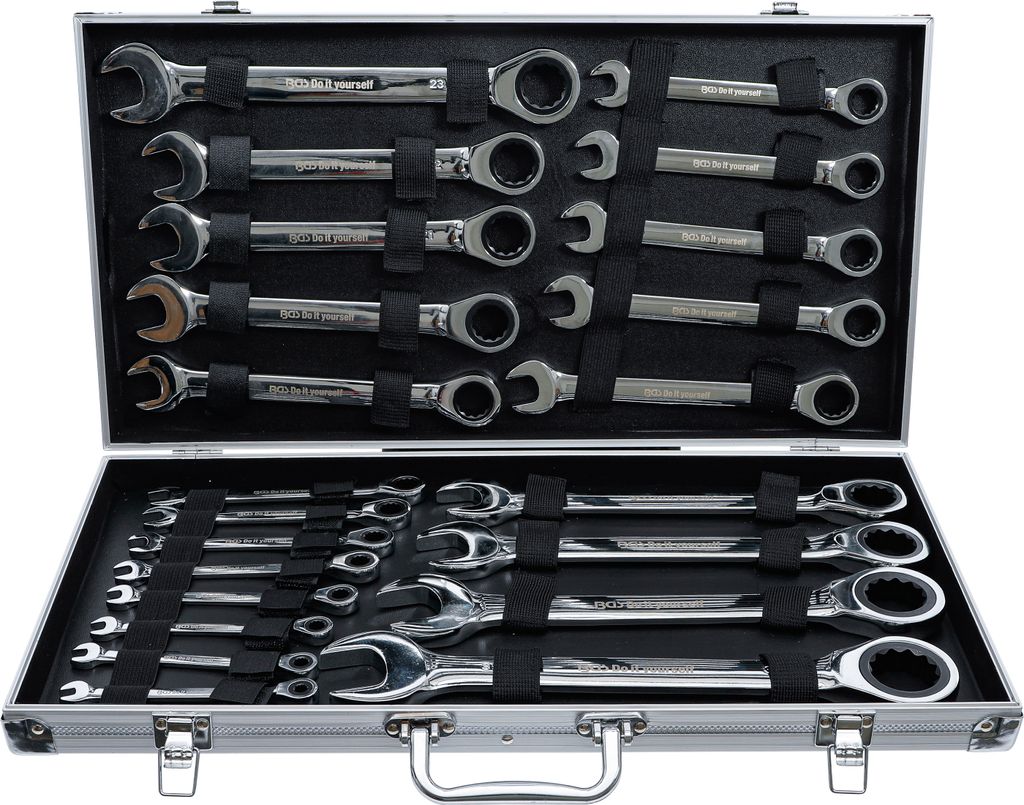 A tool case filled with wrenches.