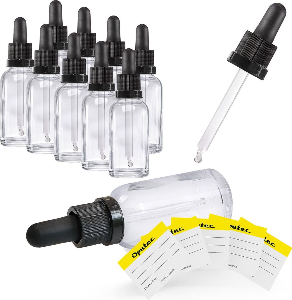 Oputec 10x 30ml Pipettenflasche aus Klarglas mit Glaspipette + 10 Etiketten – Apothekerflasche für Aromatherapie ätherische Öle Kosmetik Tropf...