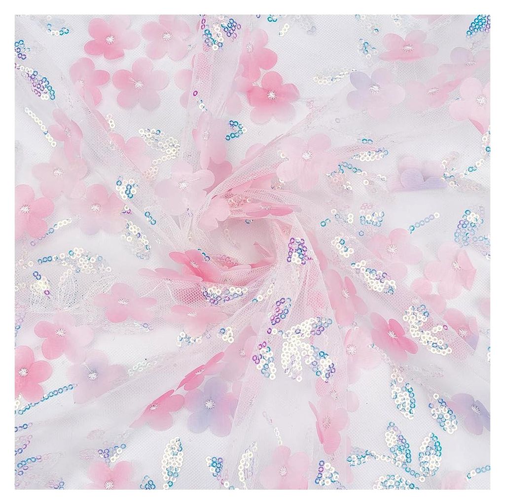 100 cm Blauer Pailletten Netzstoff Transparent 3D Gestickte Rosa Blumen Tüll Glitzernetz Buntes Gaze Polyestertuch Zum Nähen und Basteln von Hoch...