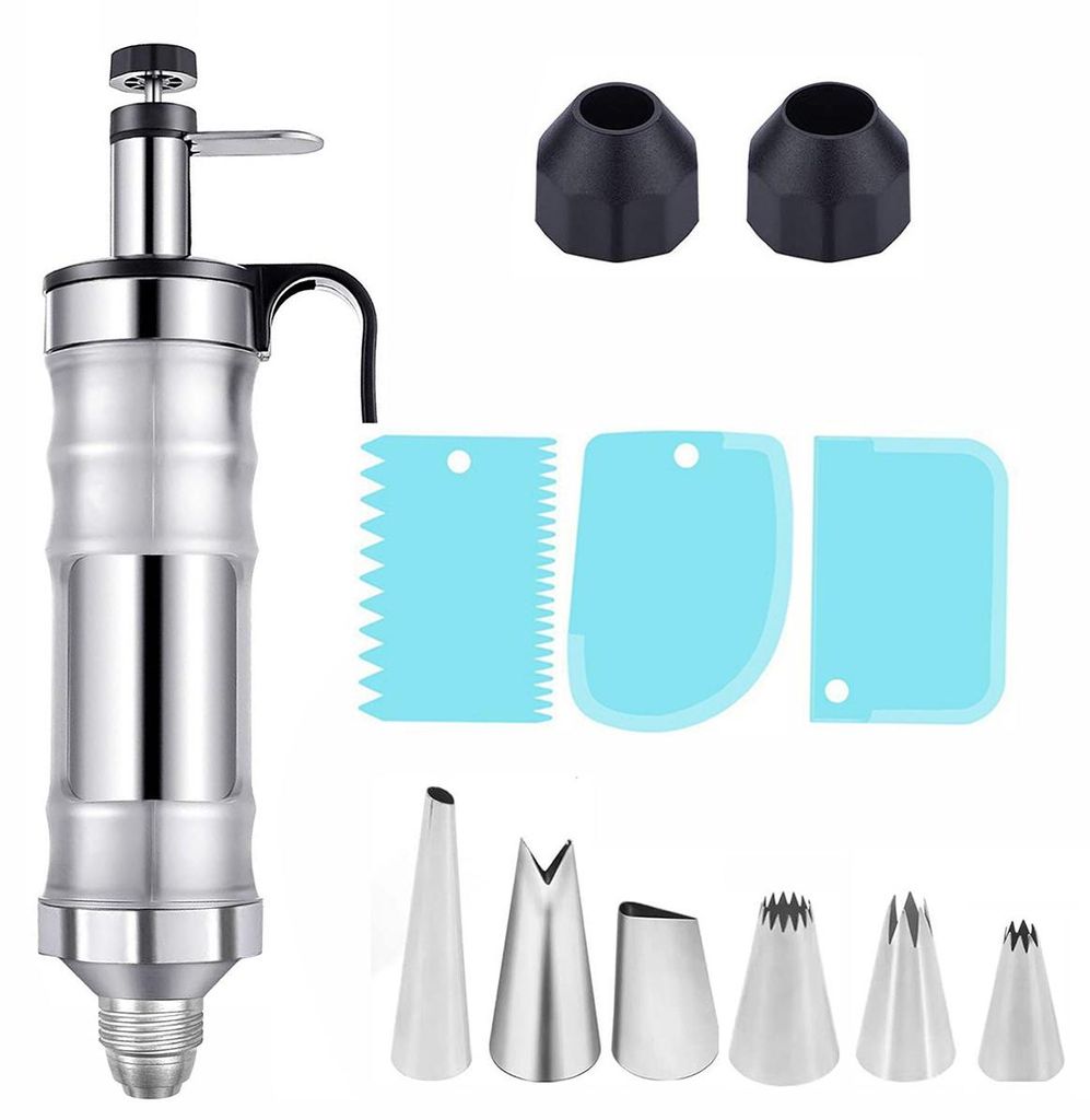 Spritzpistole Edelstahl Set mit 6 Tüllen, Backzubehör für Kuchen, Kekse & Desserts, wiederverwendbar, ergonomisch, leicht zu reinigen, für Profis