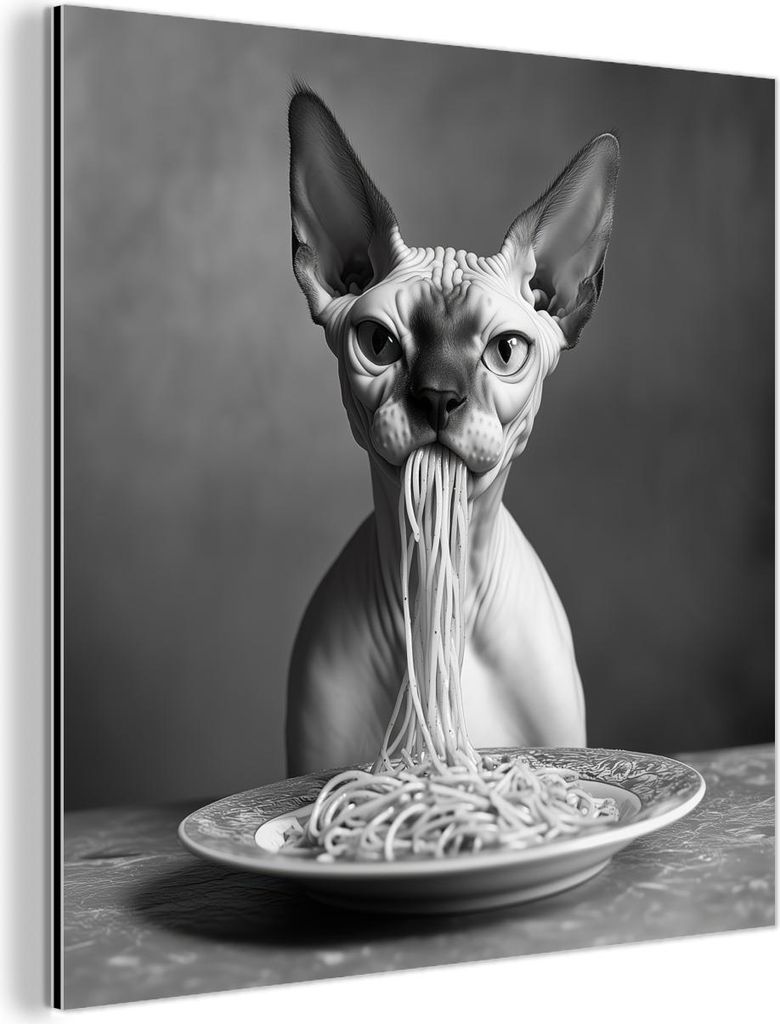 MuchoWow Wanddekoration Metall Metallbild Wandkunst 20x20 cm Sphynx - Katze - Tiere - Humor - Spaghetti - Schwarz und Weiß MuchoWow Aluminium Gem...