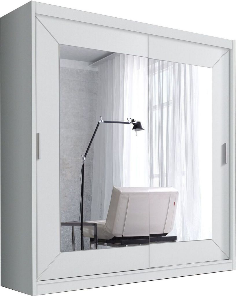 Furniture24 Schwebetürenschrank Alfa 17, Schrank, Kleiderschrank, 2 Türiger Schlafzimmerschrank mit Spiegel, Kleiderstange und viele Einlegeboden...