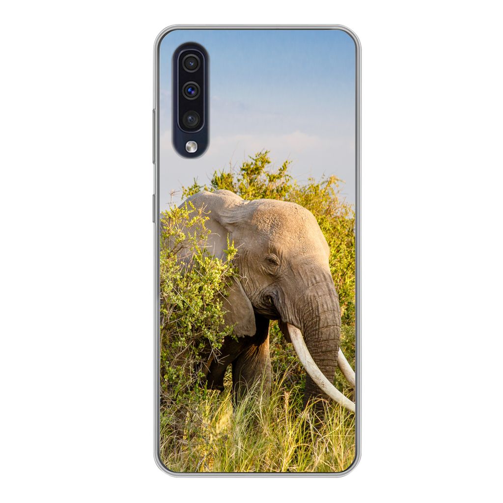MuchoWow Handyhülle Schutzhülle Hülle für Samsung Galaxy A50 Elefant - Tiere - Gras - Grün - Berg Silikon Softcase Handy Hülle - Mobiltelef...