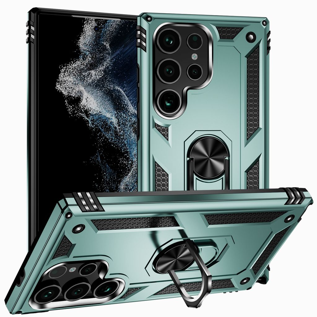 Schutzhülle für Samsung Galaxy S24 Ultra, Dual Layer Robust Militäre Fallschutz Hülle mit Ringhalterung Ständer Grün