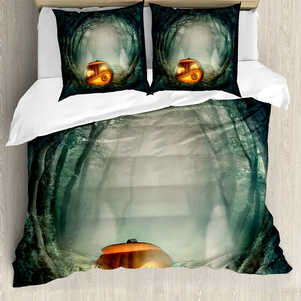 Copripiumino ABAKUHAUS Halloween, Pumpkin Enchanted Forest, antiacaro, adatto a chi soffre di allergie, con federe, 155 cm x 220 cm - 80 x 80 cm, arancione verde acqua