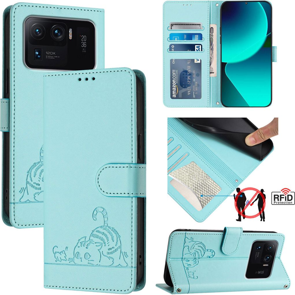 Leder Hülle für Xiaomi Mi 11 Ultra Süße Katze Flip Case Brieftasche Schutzhülle mit Standfunktion hellgrün