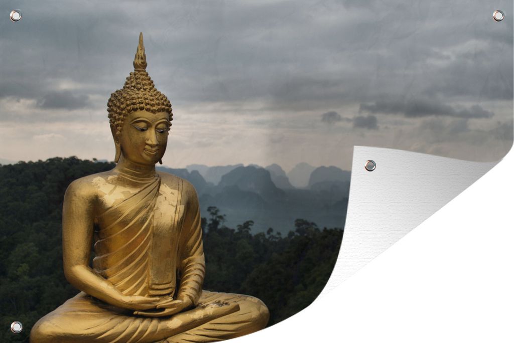 Gartenposter - Buddha mit bewölktem Himmel - 60x40 cm