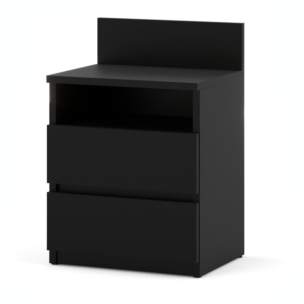 A black bedside table with two drawers and an open shelf.