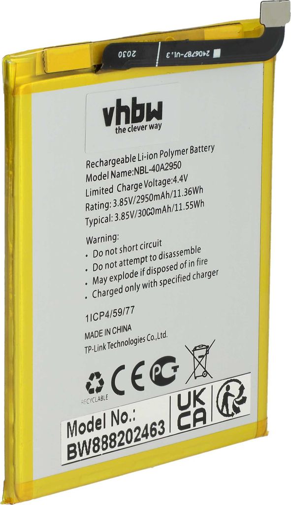 vhbw Akku Ersatz für Neffos / TP-Link NBL-40A2950 für Handy Smartphone Telefon (2850 mAh, 3,85 V, Li-Polymer)