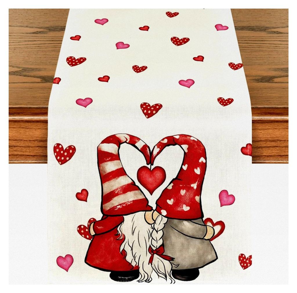 Herz GNOME Tischläufer für Valentinstag und Muttertag, Dekoration für Küche und Esstisch, 40x140 cm