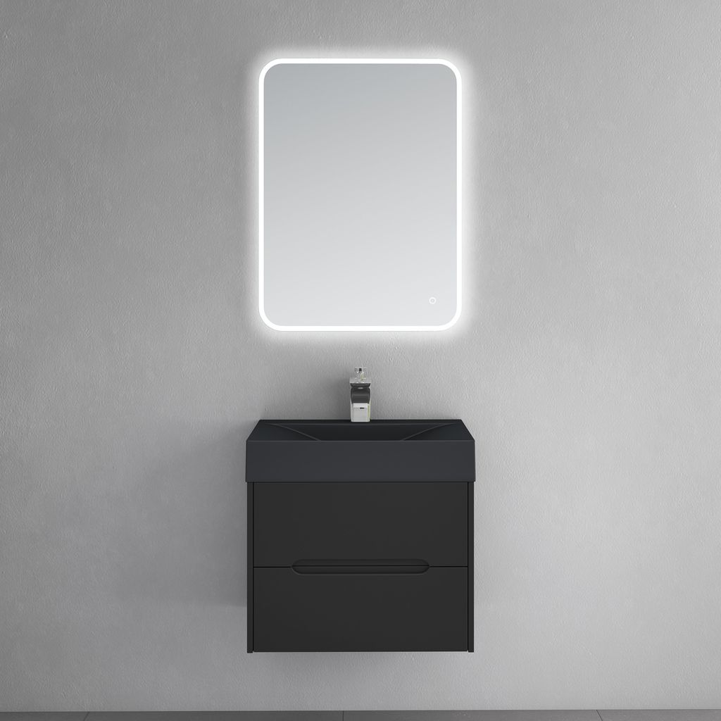A modern black vanity unit with a grey basin and a lighted mirror above, mounted on a grey wall.