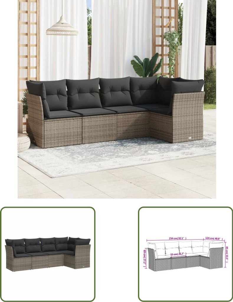 The Living Store 5-tlg. Garten-Sofagarnitur mit Kissen Grau Poly Rattan