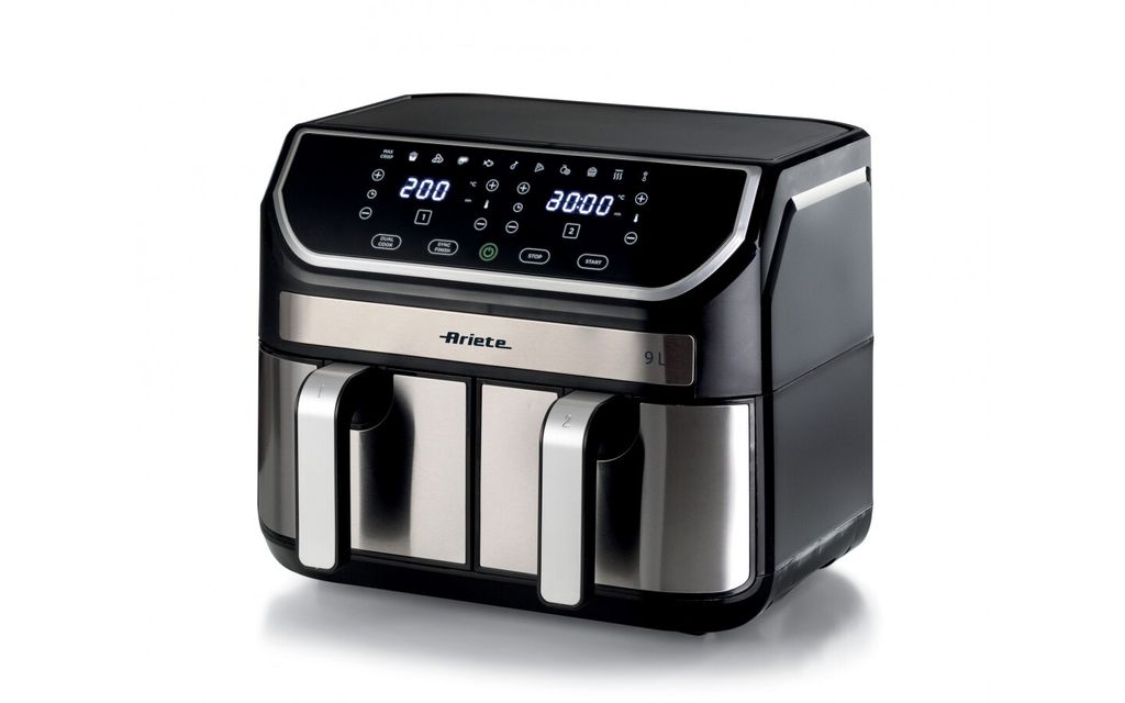 A studio shot of a black and silver dual-basket air fryer against a white background.