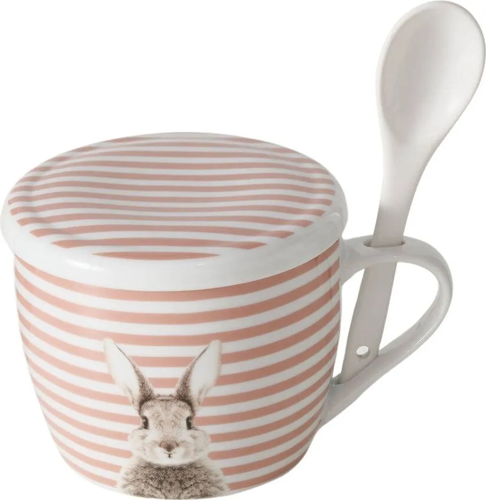 Tazza in porcellana con coperchio e cucchiaio FLUFFY, coniglietto, 600 ml