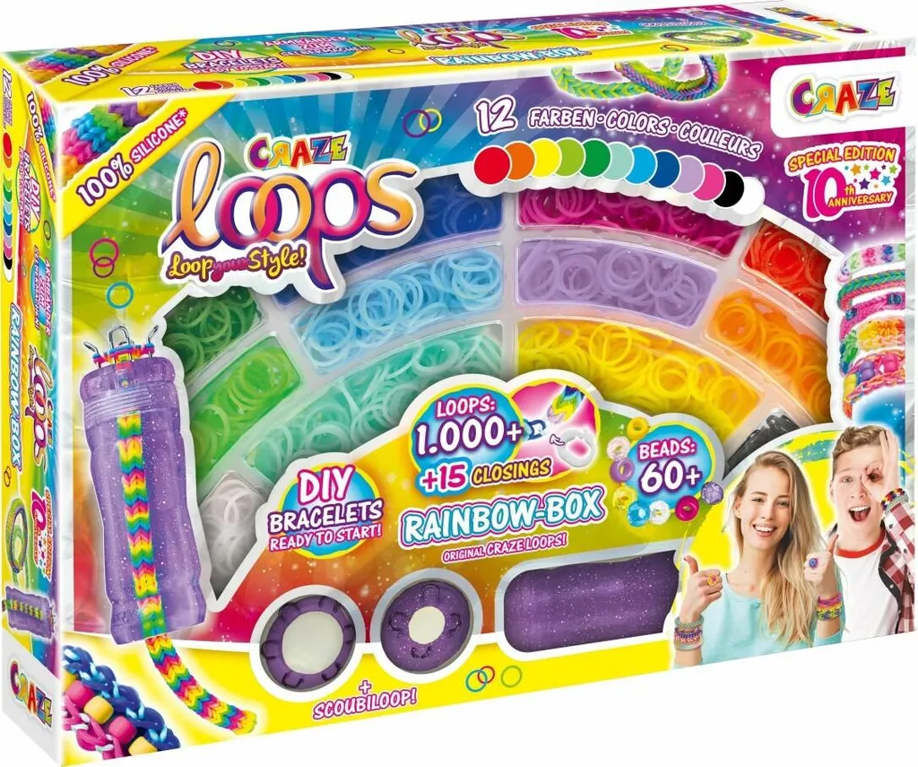 Craze LOOPS Boîte arc-en-ciel élastiques multicolores sans phtalates DIY
