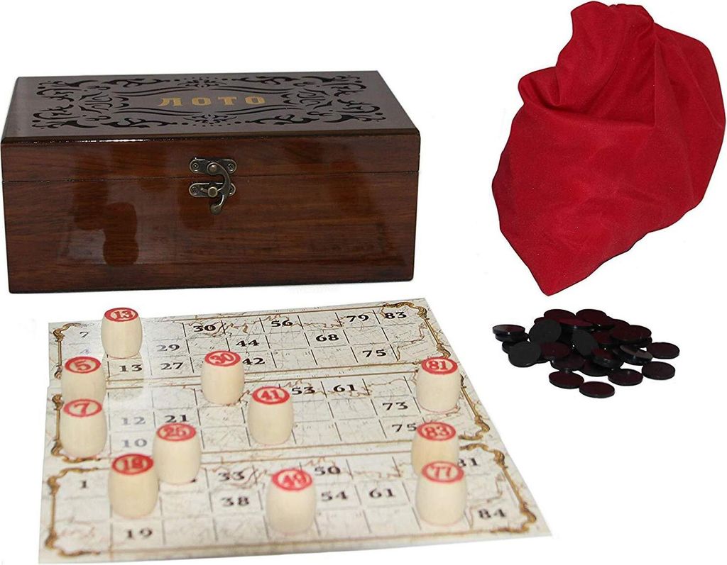 Lottospiel Russisches Lotto (Loto) Spielset im schön verzierten Holzkasten mit Holzfiguren