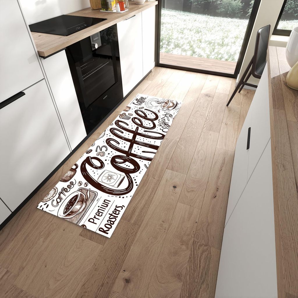 Küchenteppich 60x180cm rutschfest & abwischbar PVC Läufer - Kaffee Illustration