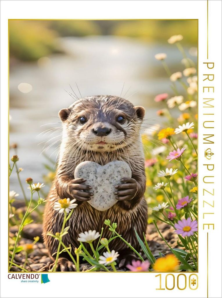 CALVENDO Puzzle Otter mit Herzstein - Ich bin da. | 1000 Teile Lege-Größe 64x48cm Foto-Puzzle für glückliche Stunden