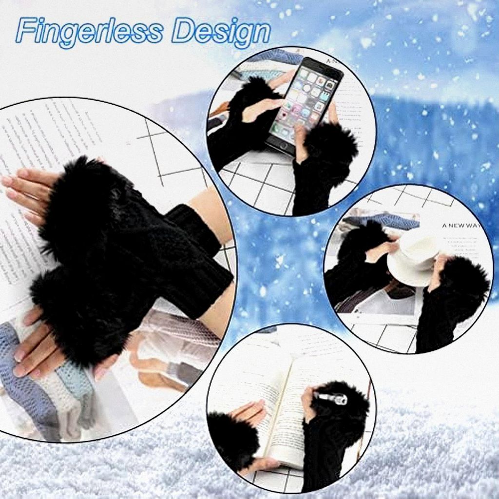 3 Paar Halb Fingerlose Handschuhe, Winter Armstulpen für Damen aus Kunstpelz, Warme Strickhandschuhe mit Fingerlöchern, Halb Handstulpen Pulswär...