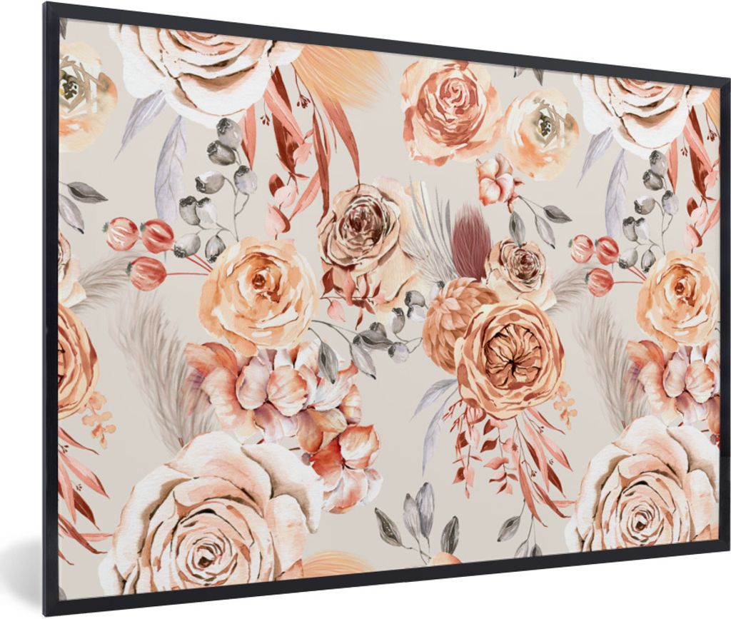 MuchoWow Gerahmtes Poster Rosen - Orange - Braun - Rot 30x20 cm - Poster mit Schwarzem Bilderrahmen Wandposter Rahmen Foto Bilder - Kunstdruck - ...