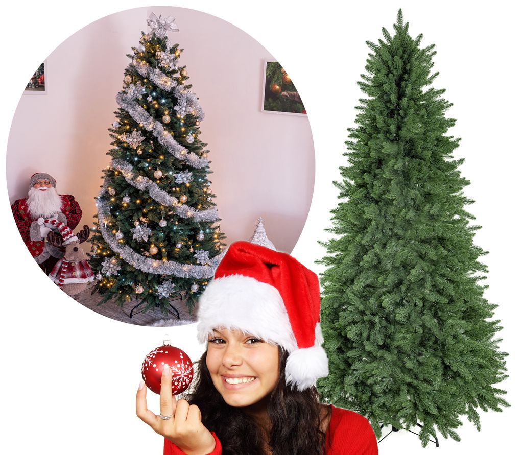 A collage featuring a decorated Christmas tree, a Santa Claus figure, and a woman holding a Christmas ornament, with a separate image of an undecorated Christmas tree.