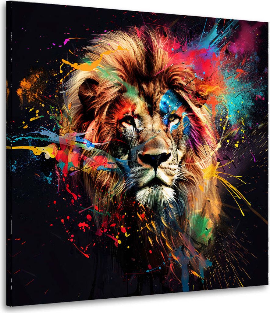 Löwe in bunter Pop Art Explosion Leinwandbild Wandbild Kunstdruck XL Wanddeko: 120x120x4cm