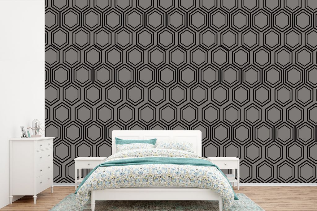 MuchoWow Fototapete für Wohnzimmer oder Schlafzimmer Wandtapete Vinyl Motivtapete Muster - Grau - Deluxe - Schwarz - 450x300 cm - Gemusterte